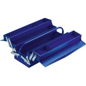 Offener, blauer LUX Werkzeugkoffer Profi aus Stahlblech mit 5 Fächern.