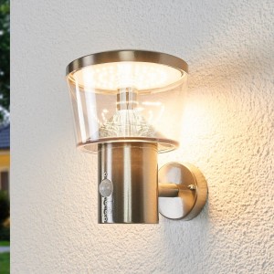 Moderne Lindby LED Außenwandleuchte Antje mit Bewegungsmelder aus Edelstahl in Alu.