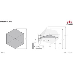 Technische Zeichnung Doppler Ampelschirm Active Ø 372 cm, Maße und Details zur Dreh- & Neigungsfunktion.
