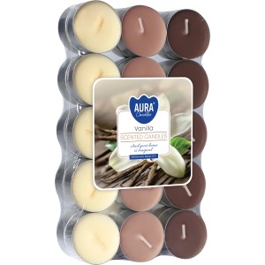 Duftkerzen Vanille, 30 Teelichter in abgestimmten Farbtönen im Teelichthalter.