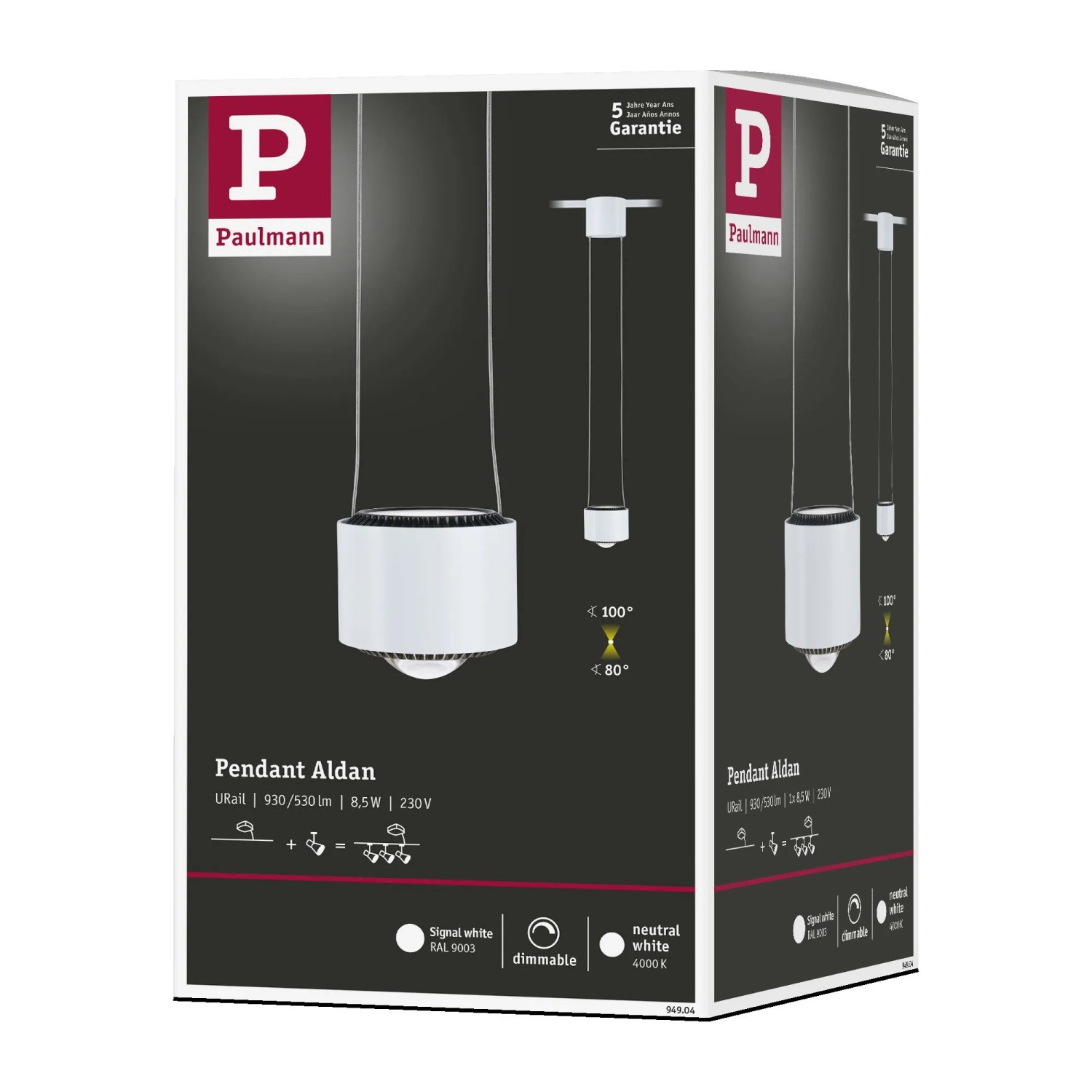 Verpackung der Paulmann LED-Pendelleuchte Aldan URail, signalweiß, mit Produktbild.