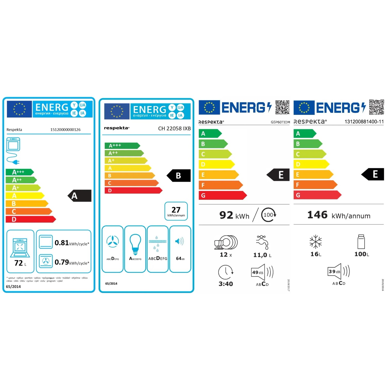 Energieeffizienzlabel für Respekta Küchengeräte: Herd A, Dunstabzugshaube B, Geschirrspüler E, Kühlschrank E.