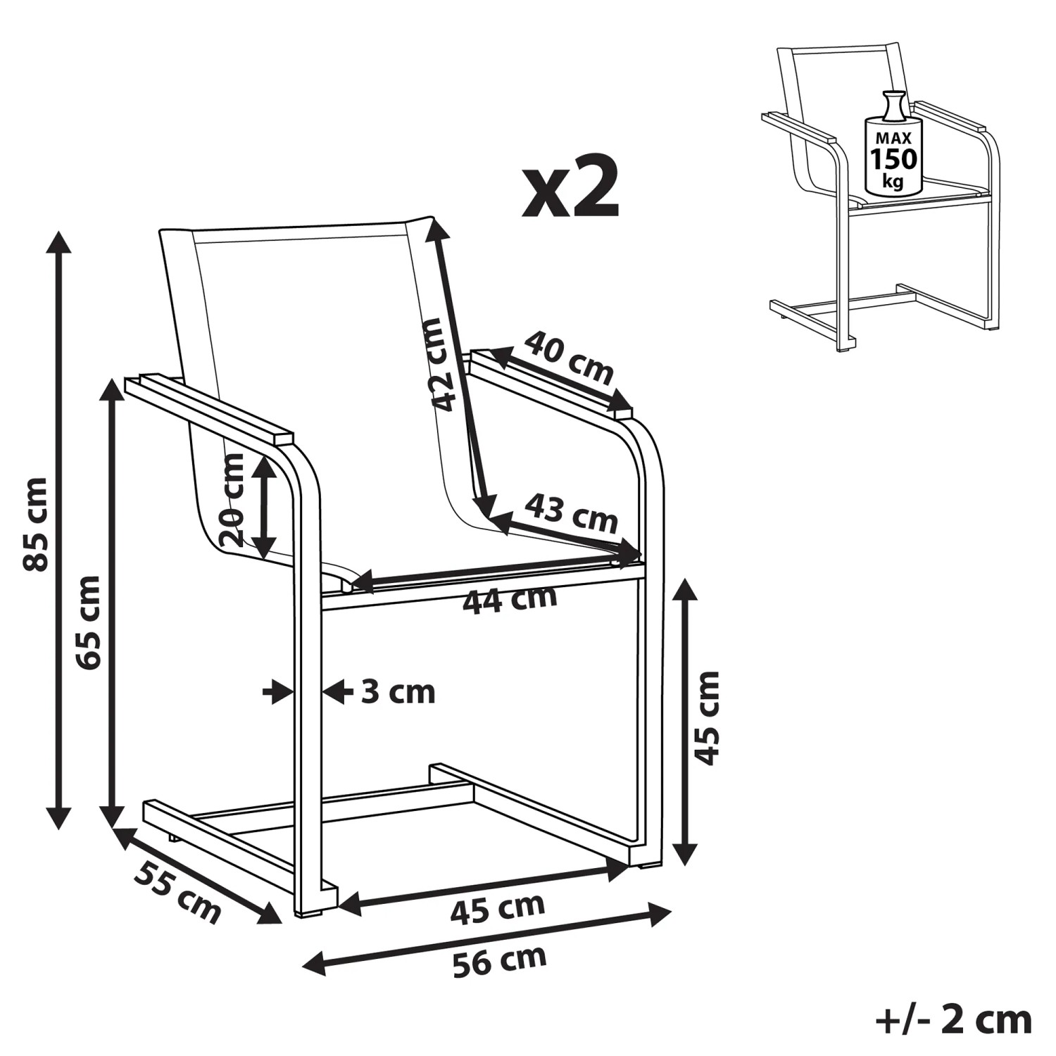 Skizze: Beliani Gartenstuhl Beige Silber 55x56x85 mit Maßangaben.