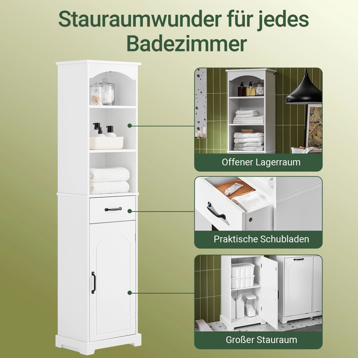Weißer SoBuy Badezimmerschrank Hochschrank BZR206-W mit Schublade und Regalböden.