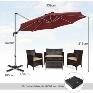 Roter Ampelschirm Ø 339 cm mit Kurbel über brauner Rattan-Sitzgruppe. Großer Sonnenschirm für Garten & Terrasse.