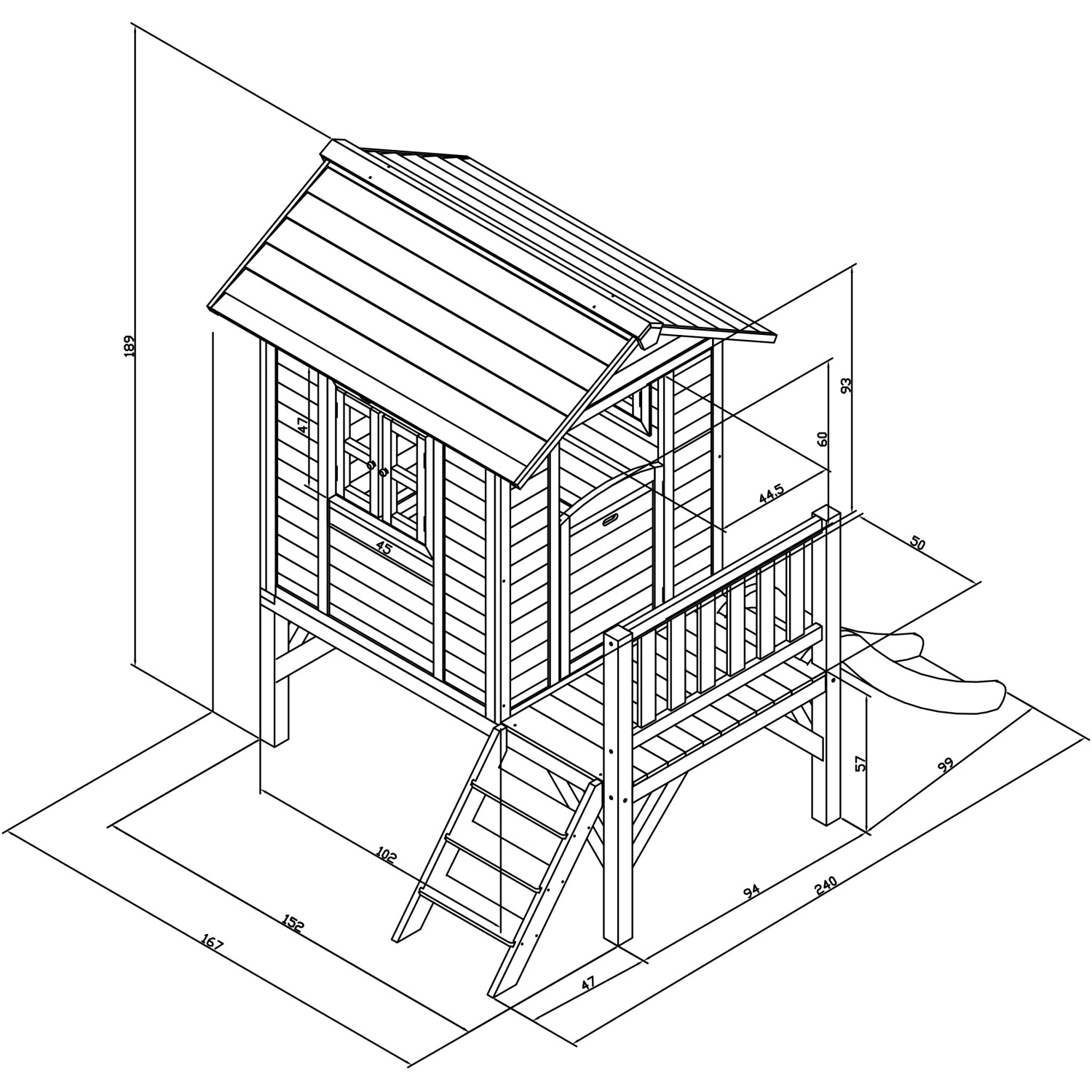 Detaillierte Schemazeichnung: Axi Lodge XL Spielhaus mit grauer Rutsche, Maße 167x240x189 cm.