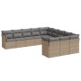 Beige 11-tlg. Garten-Sofagarnitur aus Polyrattan mit grauen Kissen.