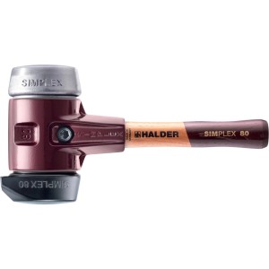 Halder Simplex Schonhammer Ø 80 mm, rotes Gehäuse, Gummi-Einsatz mit Standfuß, Weichmetall, kurzer Holzstiel.