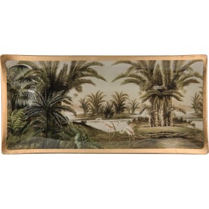 Dekorative Glasplatte Safari Lodge mit Dschungelmotiv und goldenem Rand, 21x10 cm.