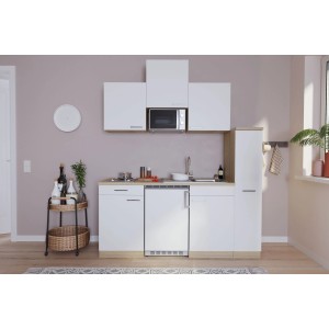 Respekta Küchenzeile KB180ESWMI in Weiß und Eiche Sägerau mit E-Geräten wie Kühlschrank und Mikrowelle.