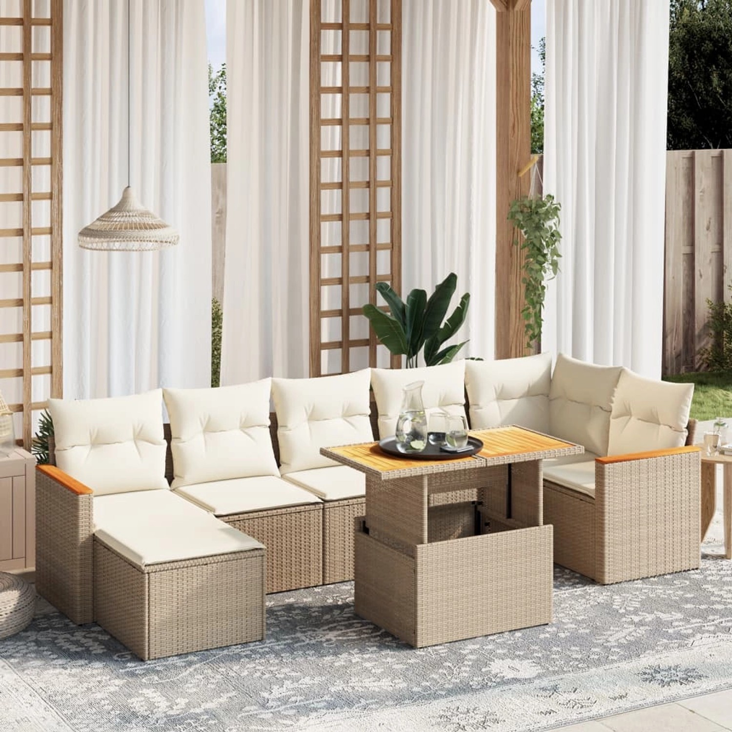 Beige 8-tlg. Garten-Sofagarnitur aus Rattan mit Kissen. Modulare Gartenmöbel für Terrasse und Garten.