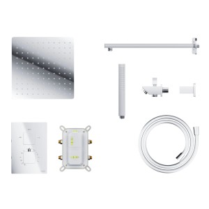 KOLMAN Duschsystem: Thermostatische Unterputz Armatur, quadratische Kopfbrause, Handbrause in Chrom. Komplettes Bad-Set.