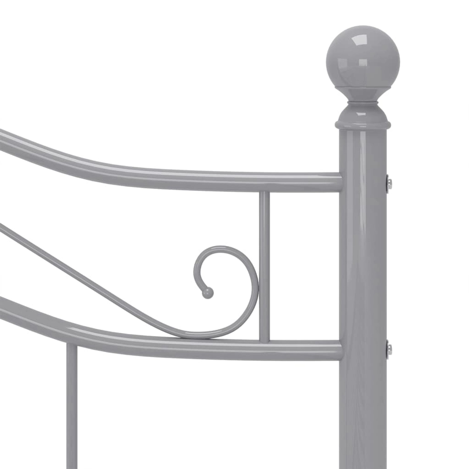 Detailansicht: Graues Metallbett 120x200 cm mit geschwungenem Kopfteil.