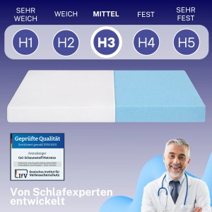 Arensberger GEL-Matratze ANNA 120x200cm, Härtegrad H3 (mittel), Gelschaum, atmungsaktiv.