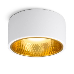 Weiße LED Deckenlampe OLINO mit goldfarbener Blende, runde Form. Moderner Spot für Wohnzimmer & Flur.