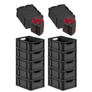 PROREGAL SuperSparSet: 10 schwarze Euroboxen mit Deckel und roten Verschlüssen, 16 Liter.