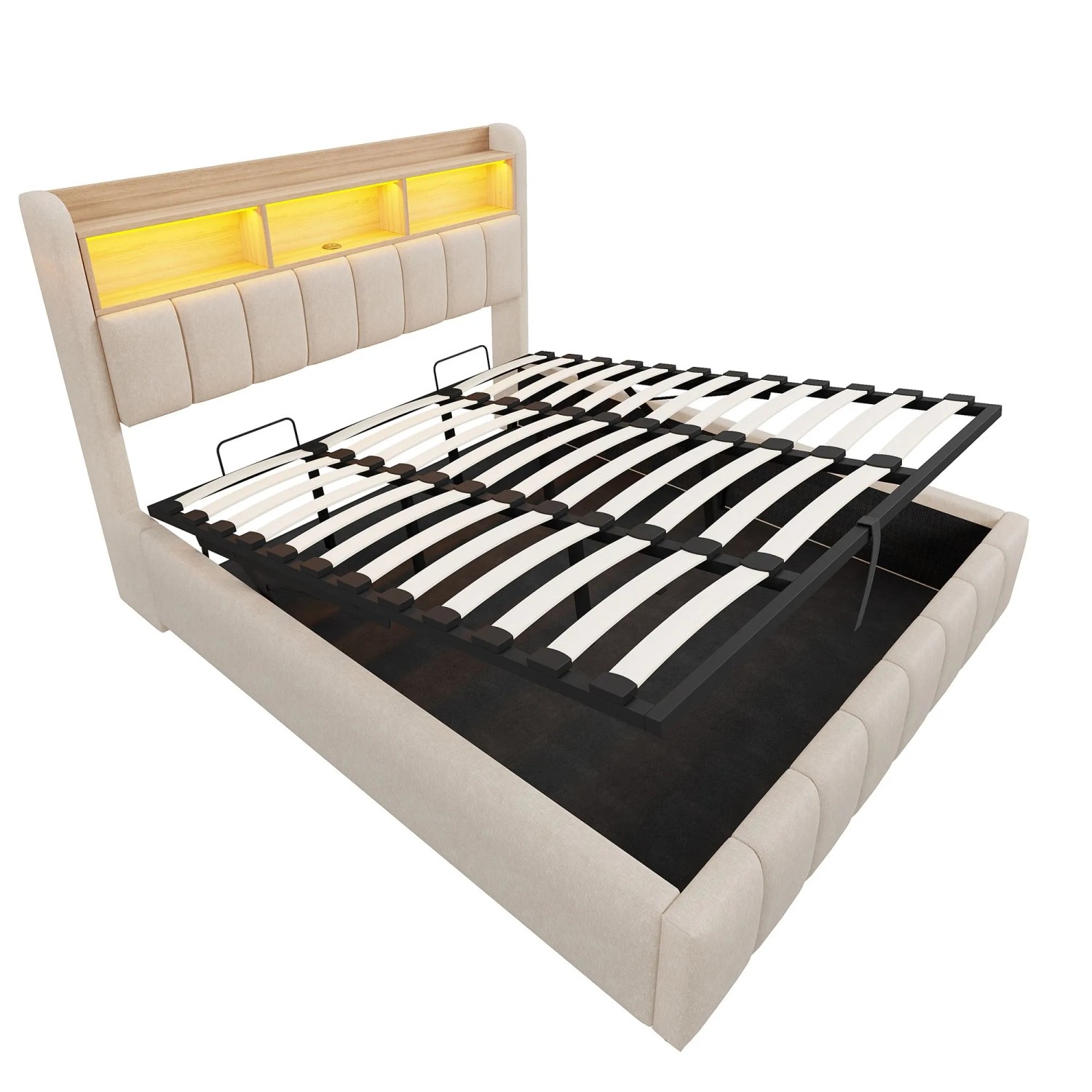 Merax Polsterbett 180x200cm LED USB Hydraulik Leinen Beige