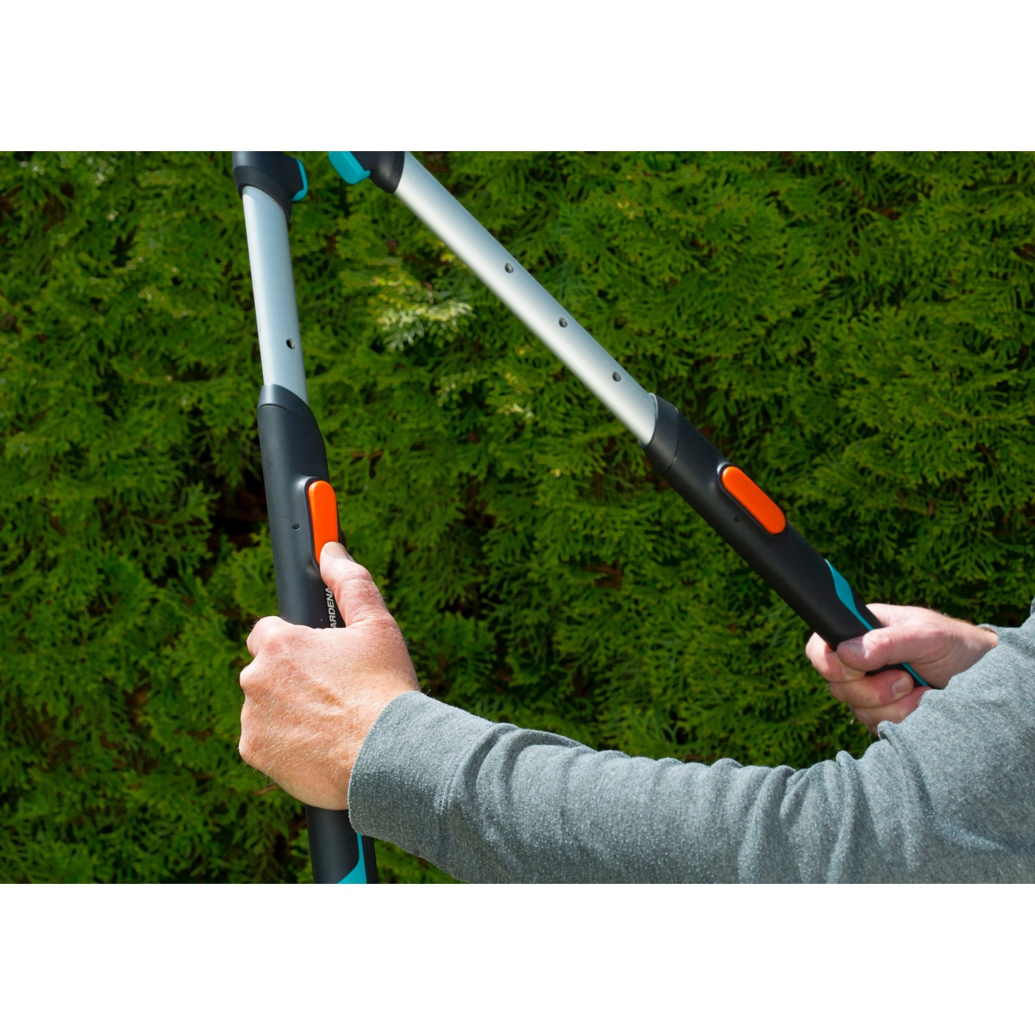 Gardena TeleCut Teleskop-Heckenschere in Aktion vor grüner Hecke. Hand-Heckenschere mit ausziehbaren Griffen.
