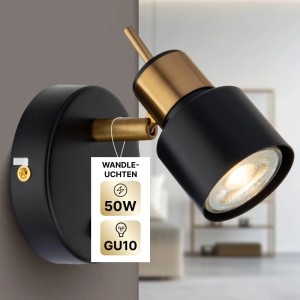 Arte Lamp Wandleuchte Almach GU10, schwarzes Metall mit Messingdetails, leuchtender Spot.