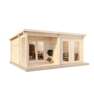 Unbehandeltes Alpholz Gartenhaus Orkus-44 mit Pultdach und Anbaudach. Holz-Gartenhaus im klassischen Design.