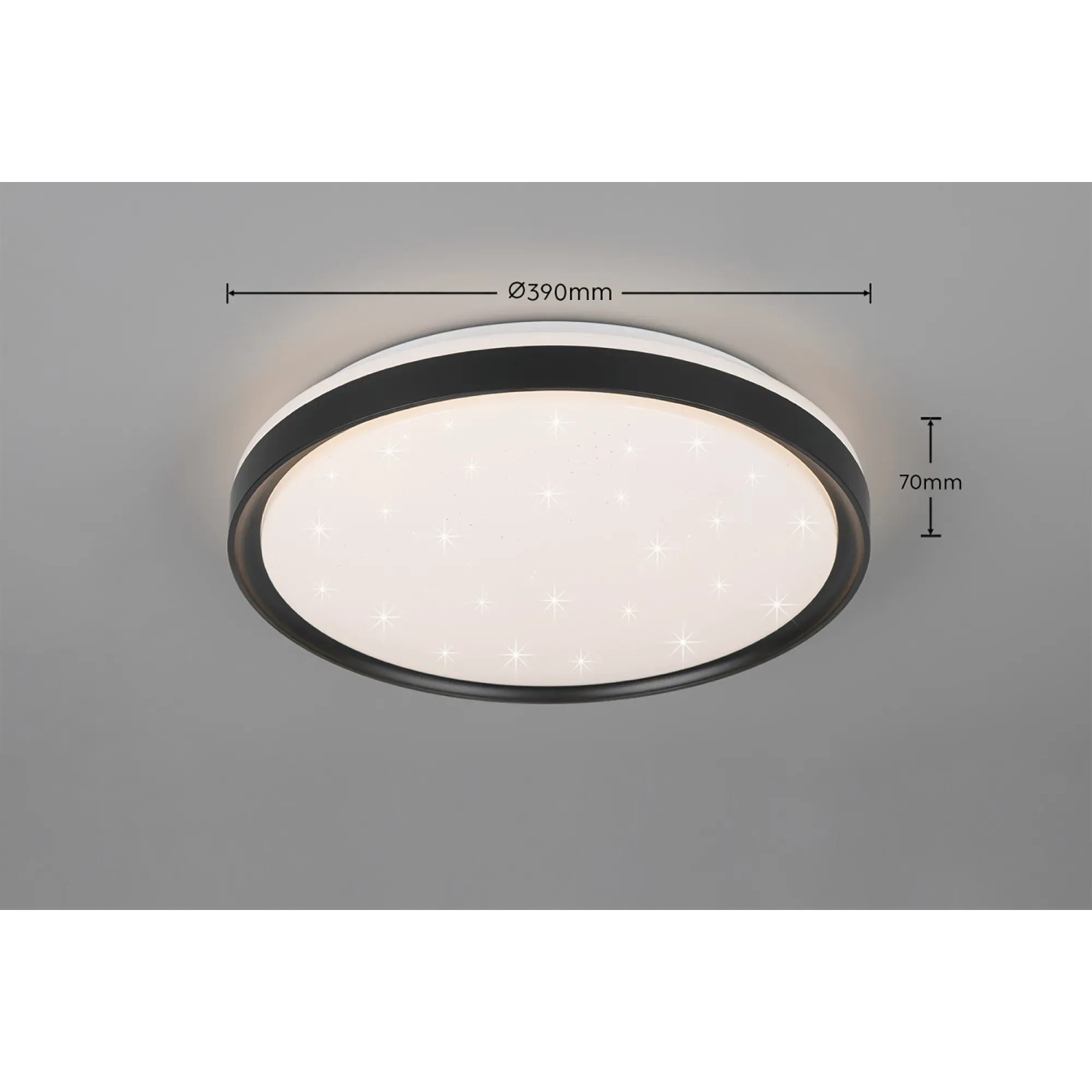 Schwarze, runde LED-Deckenleuchte Solit mit Sternenmuster, dimmbar und mit Farbwechsel.