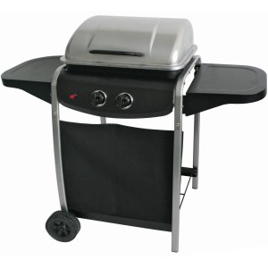 Kompakter Gasgrill mit 2 Edelstahl-Brennern, Seitentischen und Rädern für einfachen Transport.