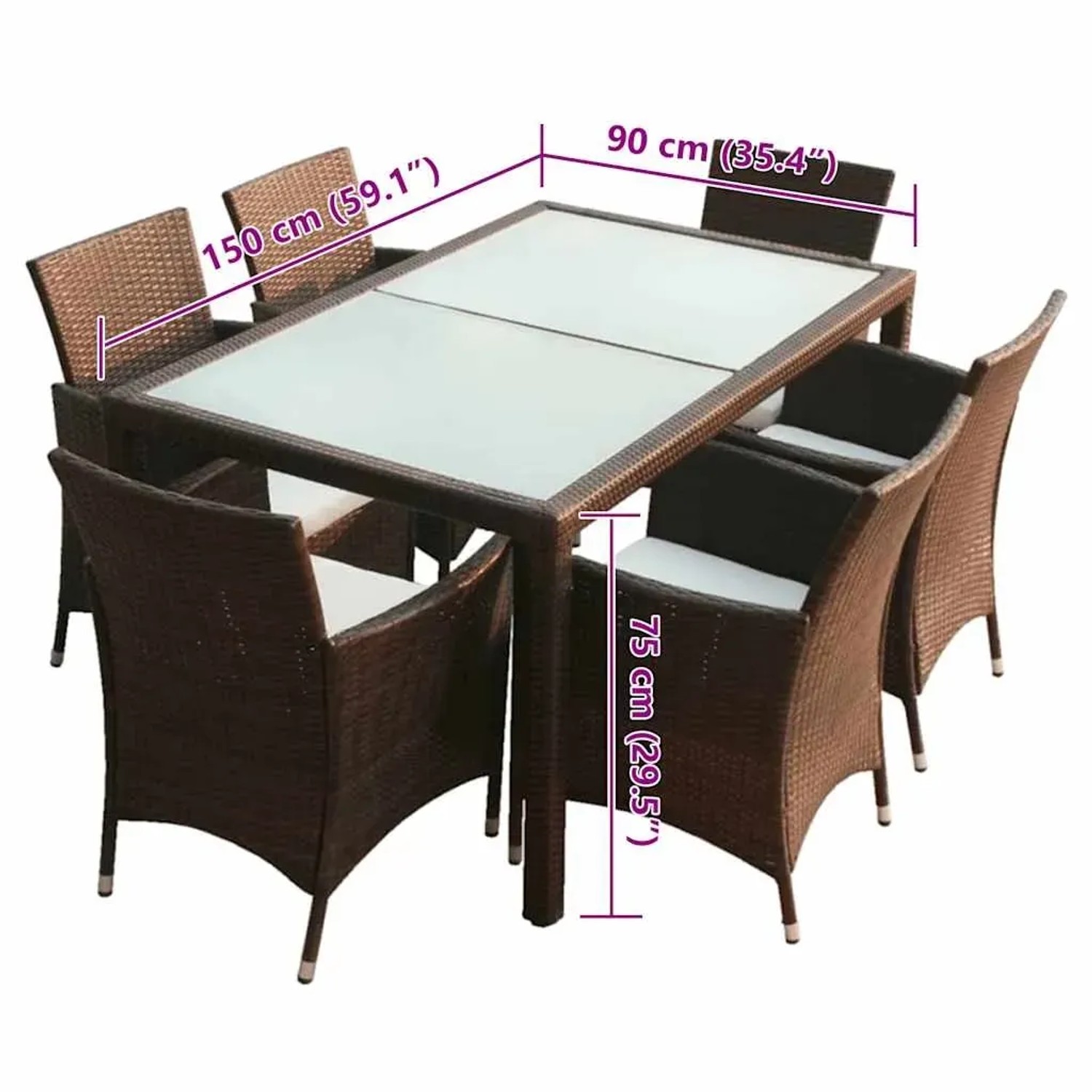 7-tlg. Garten-Essgruppe aus braunem Rattan mit Tisch, 6 Stühlen und cremeweißen Auflagen.