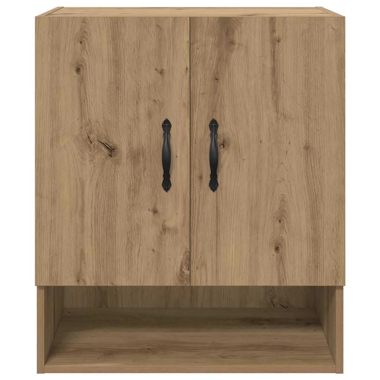 vidaXL Wohnzimmerschrank Artisan-Eiche aus Holzwerkstoff. Zwei Türen, schwarze Griffe, offenes Fach.