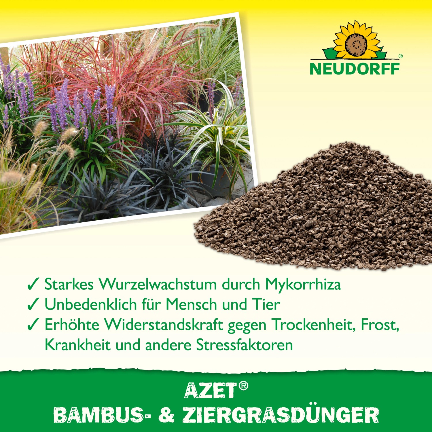 Neudorff Azet Bambus- und Ziergras-Dünger: Granulat und beispielhafte Bepflanzung im Hintergrund.