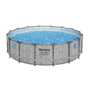 Bestway Stahlrahmenpool Set Power Steel Swim Vista, Ø 488 cm, grau, mit Fenster und blauem Wasser.