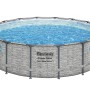 Bestway Stahlrahmenpool Set Power Steel Swim Vista, Ø 488 cm, grau, mit Fenster und blauem Wasser.