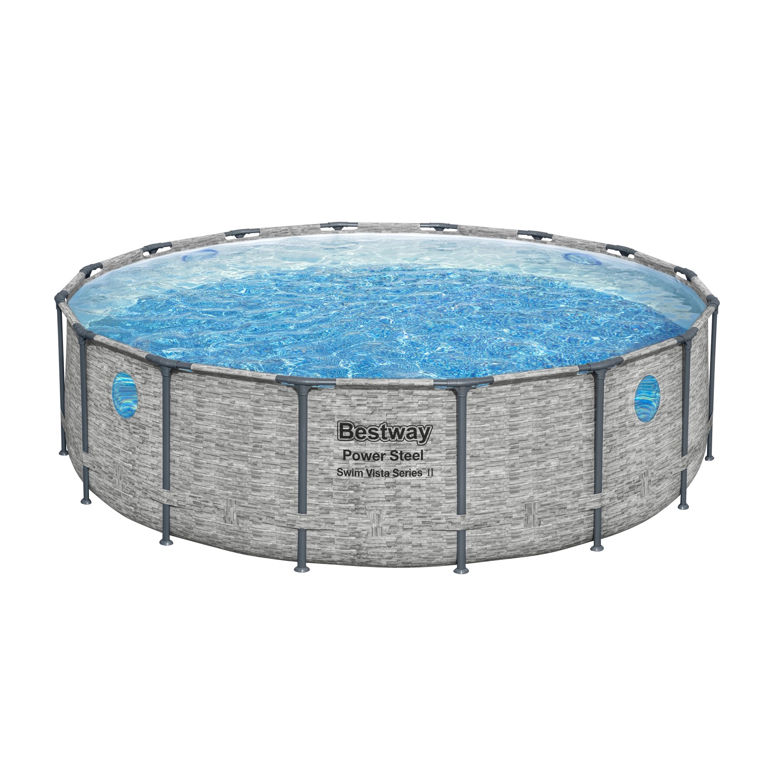 Bestway Stahlrahmenpool Set Power Steel Swim Vista, Ø 488 cm, grau, mit Fenster und blauem Wasser.