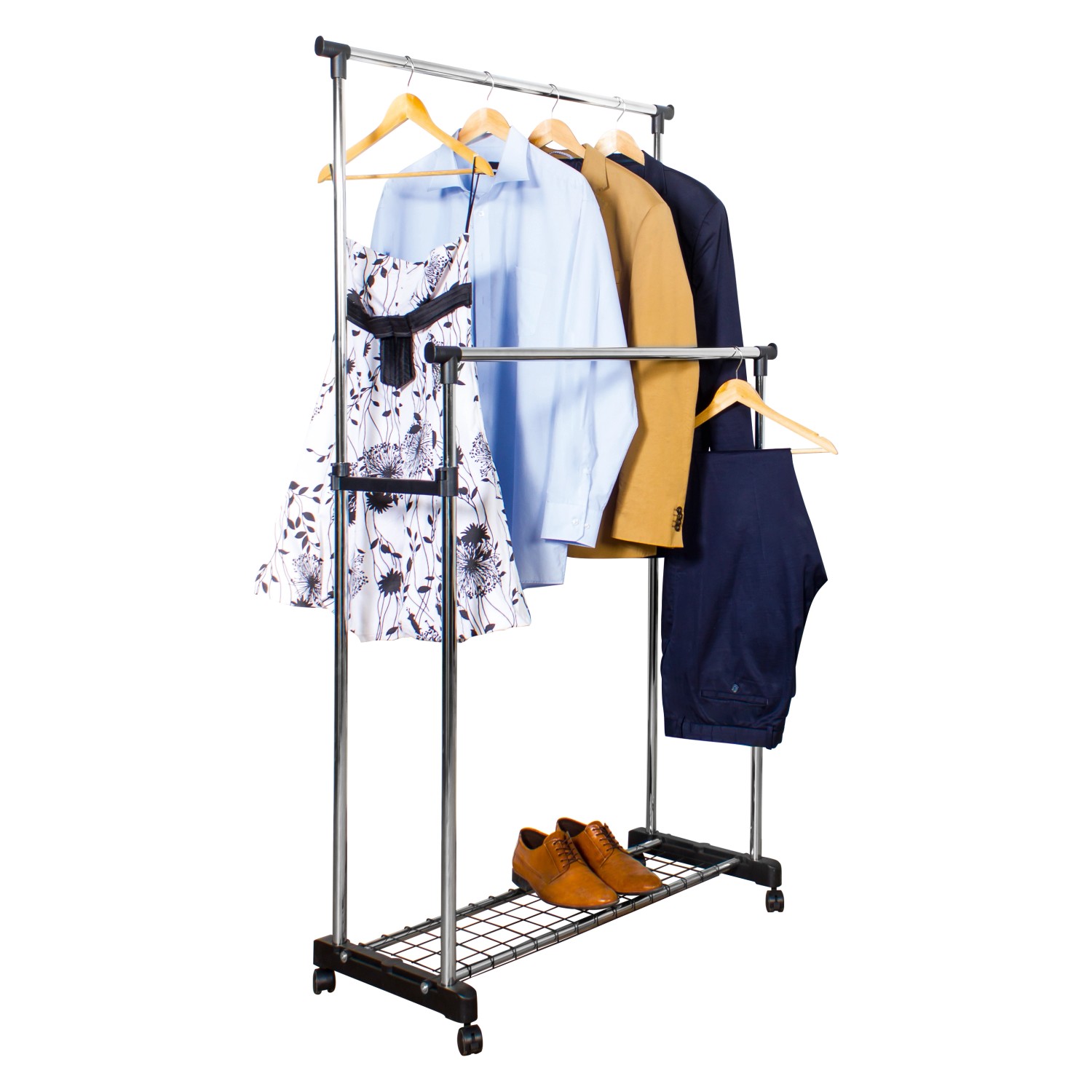 Rollgarderobe Duo mit Kleidung und Schuhen auf Gitterablage. Höhenverstellbarer Kleiderständer.