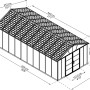 Skizze: Palram Metall-Gerätehaus Yukon, 21,3 m², mit Maßangaben. Gerätehäuser für den Garten.