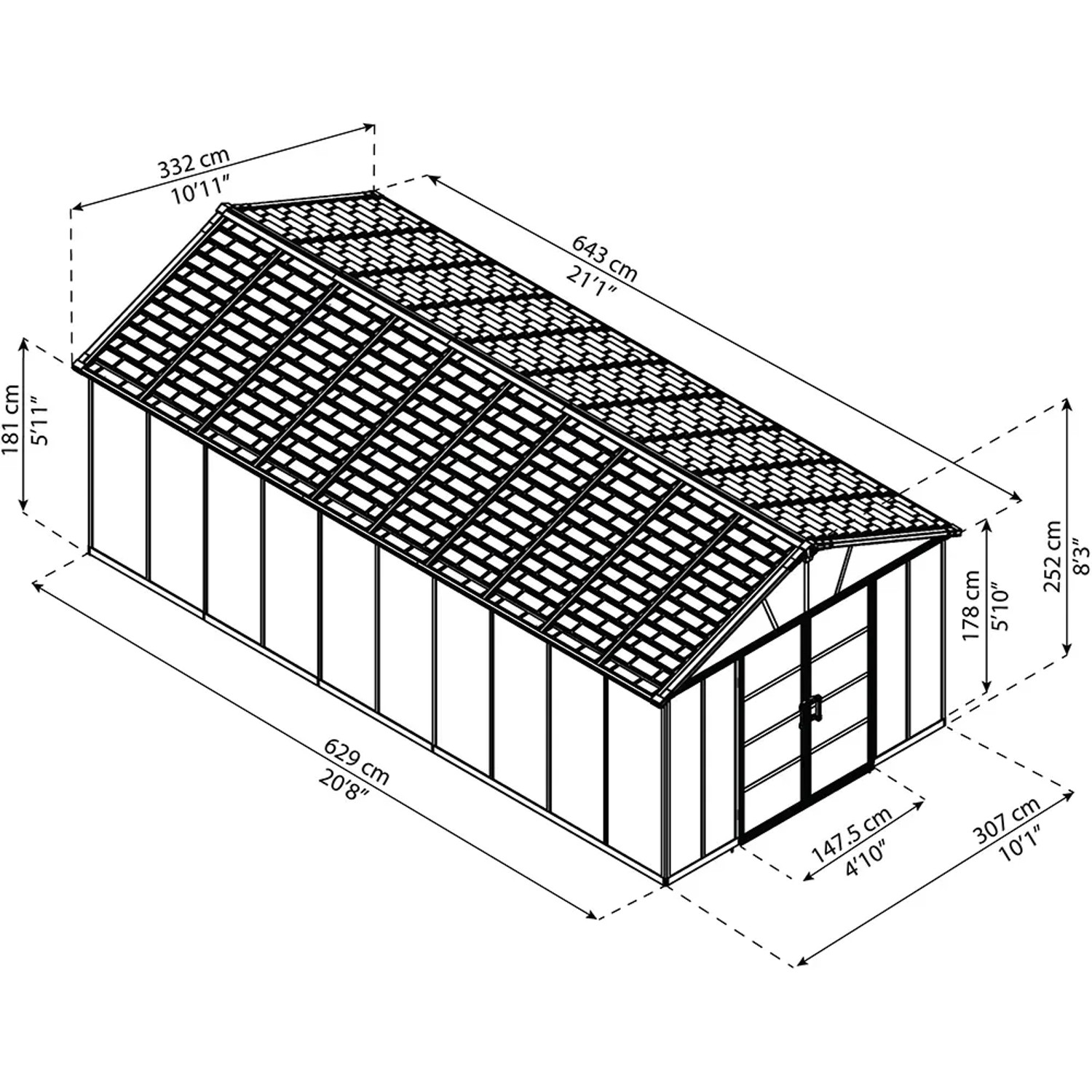 Skizze: Palram Metall-Gerätehaus Yukon, 21,3 m², mit Maßangaben. Gerätehäuser für den Garten.