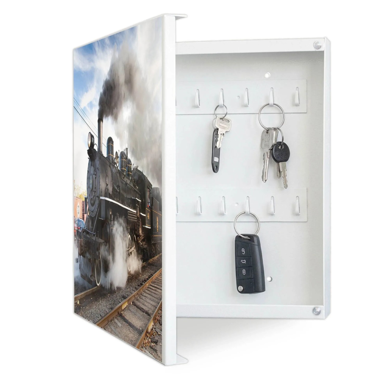 Banjado Großer Schlüsselkasten Metall 30x30cm Weiß Scharnier Links 50 Haken Beschreibbar Magnetisch Motiv Dampflok