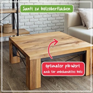 Poliboy Allzweck Reiniger auf Holztisch. Reinigt schonend Holzoberflächen, auch unbehandeltes Holz, mit optimalem pH-Wert.