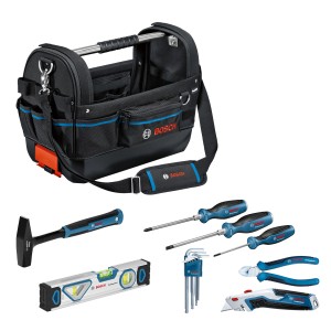 Bosch Professional Werkzeugtasche GWT 20 Set mit Werkzeugen: Hammer, Schraubendreher, Wasserwaage u.a.