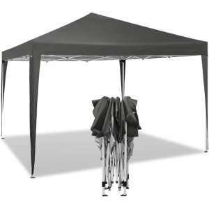 Grauer WOLTU Pop-Up Pavillon 3x3m, teils aufgebaut, teils kompakt zusammengefaltet. Wasserdichter Sonnenschutz.