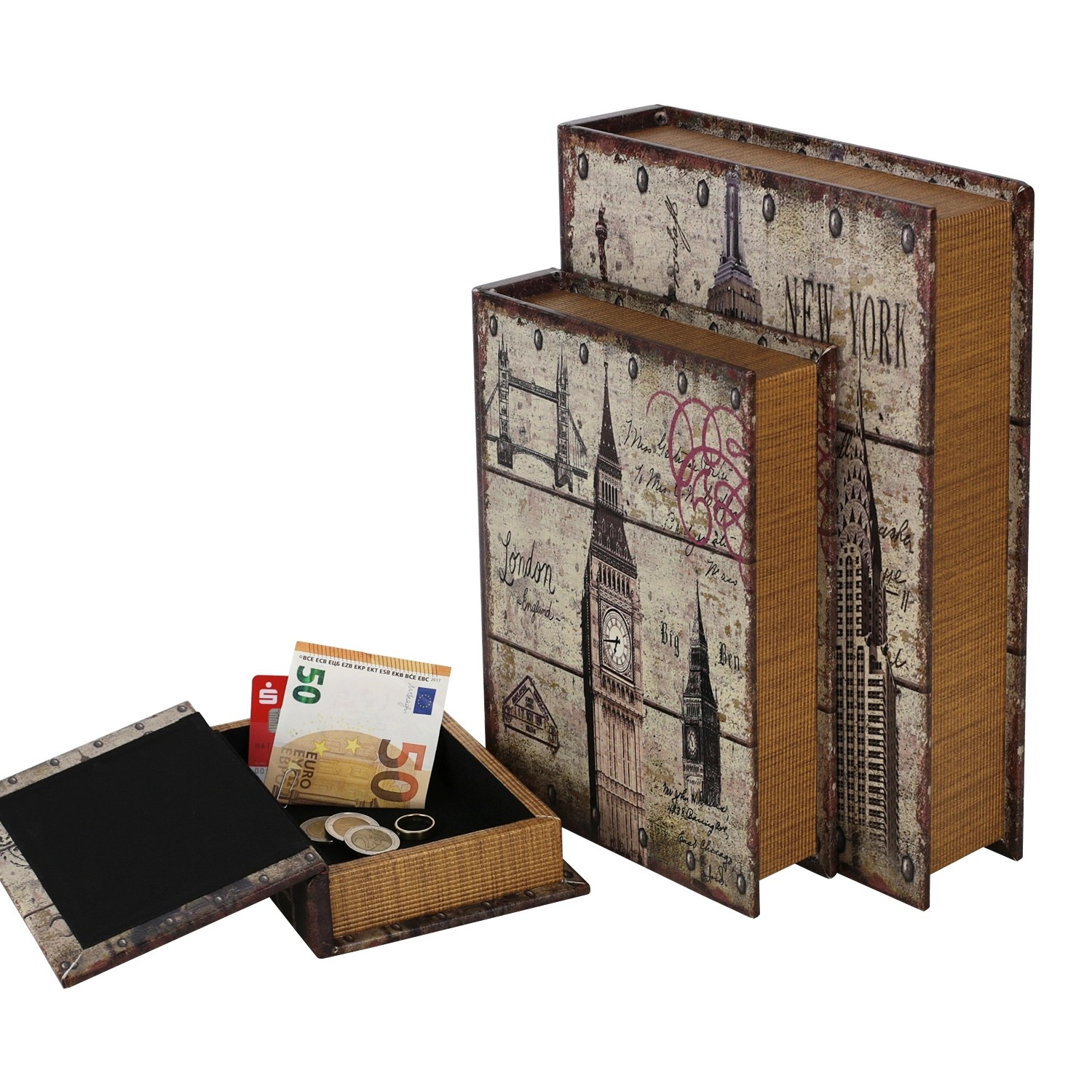 Thumbnail - HMF 80961 Buchtresor Antik-Look 3er Set 32 x 23 x 7 cm Städte