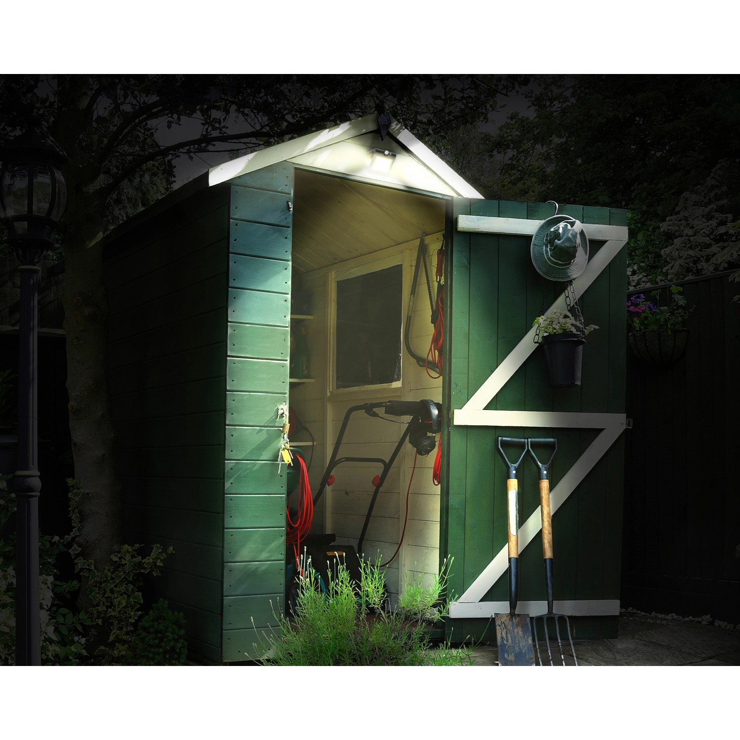 Beleuchteter Gartenschuppen mit LED Solar Außenleuchte Butterfly, 1.5W, schwarz.