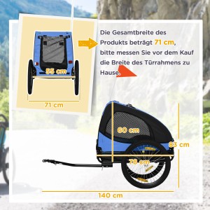 Blauer PawHut Hundeanhänger aus Oxford-Stahl, Maße 140x71x83cm, mit Netzfenstern und roter Sicherheitsfahne.