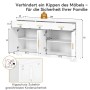 Weißes Merax Sideboard, Wohnzimmerschrank, mit 4 Türen, 3 Schubladen, Goldgriffen. Offene Ansicht, Maße, Kippschutz.