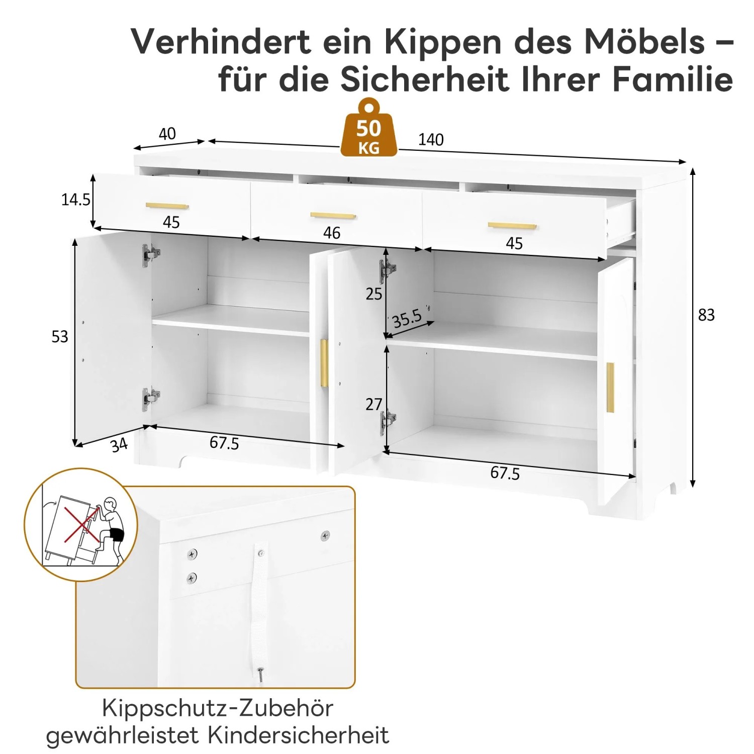 Weißes Merax Sideboard, Wohnzimmerschrank, mit 4 Türen, 3 Schubladen, Goldgriffen. Offene Ansicht, Maße, Kippschutz.