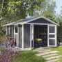 Grosfillex Kunststoff-Gartenhaus Deco Domizil 11 in Dunkelgrau-Weiß mit geöffneten Doppeltüren.