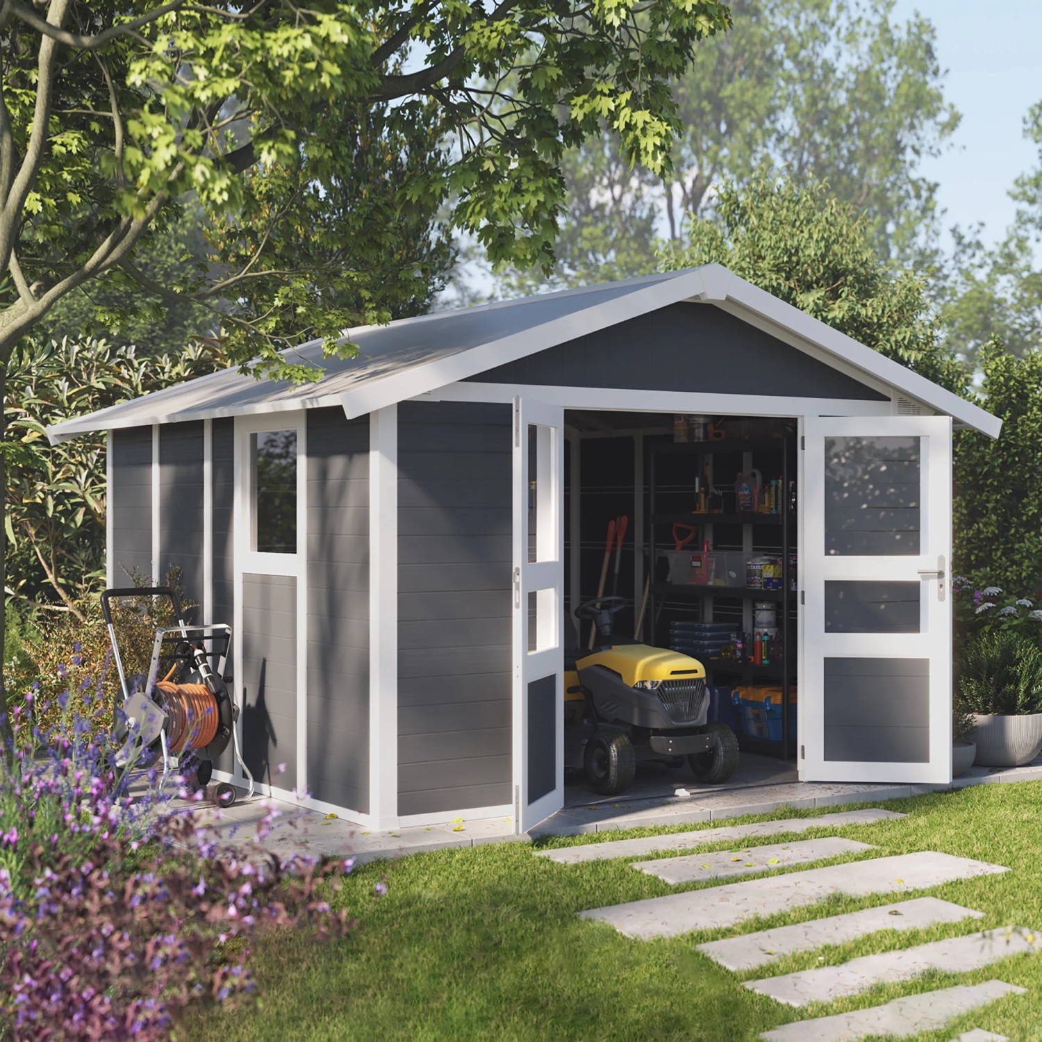 Grosfillex Kunststoff-Gartenhaus Deco Domizil 11 in Dunkelgrau-Weiß mit geöffneten Doppeltüren.