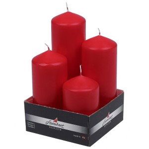 Steinhart Windlicht-Stumpenkerzen, 4er-Set Rubin, verschiedene Höhen.