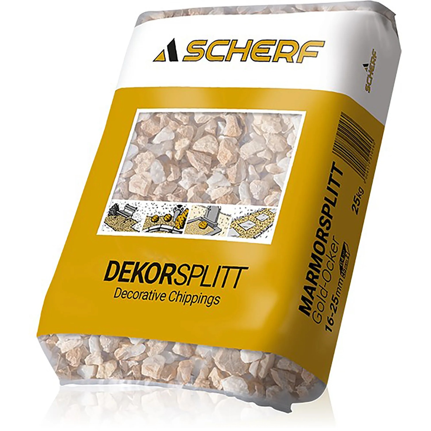 Sack Marmorsplitt Gold-Ocker, 16-25 mm, 25 kg, geeignet für Garten- und Landschaftsbau.