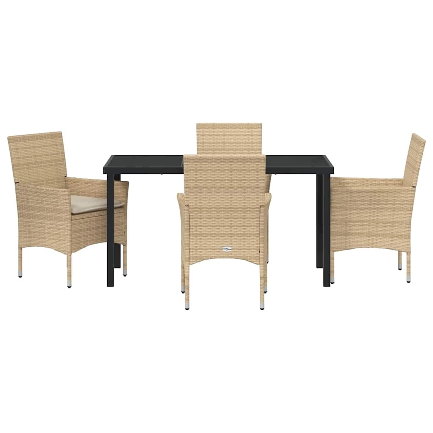 Beige 5-tlg. Garten Essgruppe aus Poly Rattan mit Tisch und 4 Stühlen mit Kissen.