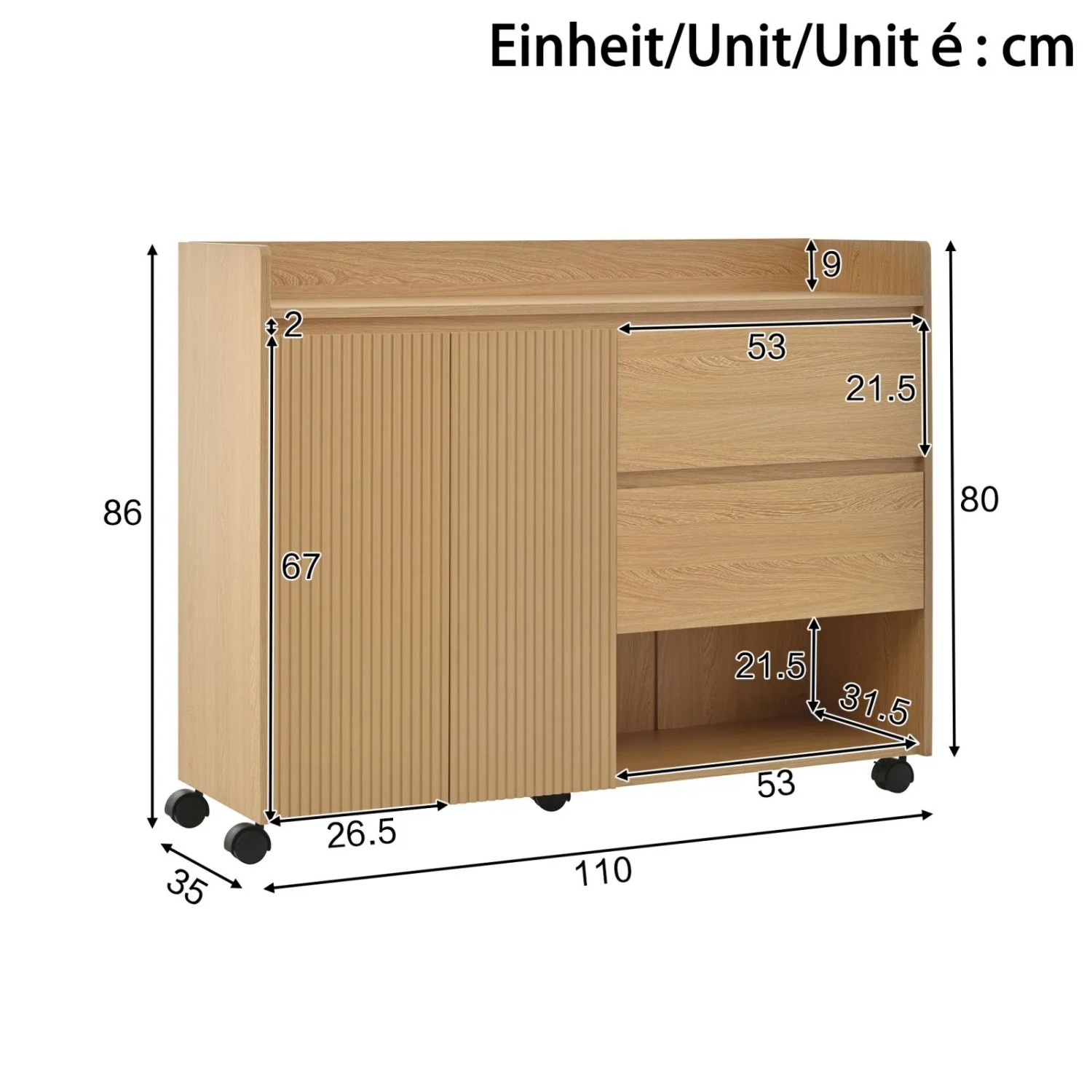 PXloue Schuhschrank Naturholzoptik mit Türen, Schubladen, offenen Fächern, Rollen, Maße 110x35x86 cm.